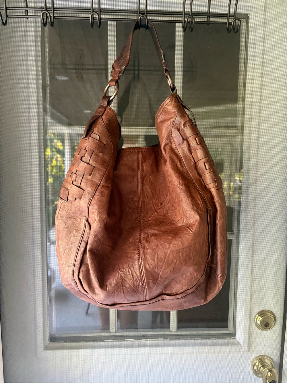 Andrew Marc Brown Woven-Trim Leather Hobo Shoulder Bag